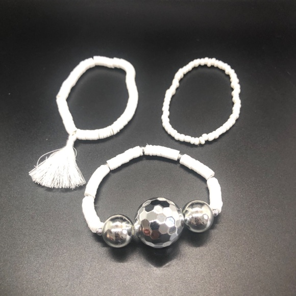 3 Piece Hand Crafted Silver Disco Ball Clay Beaded Stretch Bracelet - Picture 15 of 15